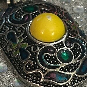 Boho Silver Tone Enamel Pendant Nevklace